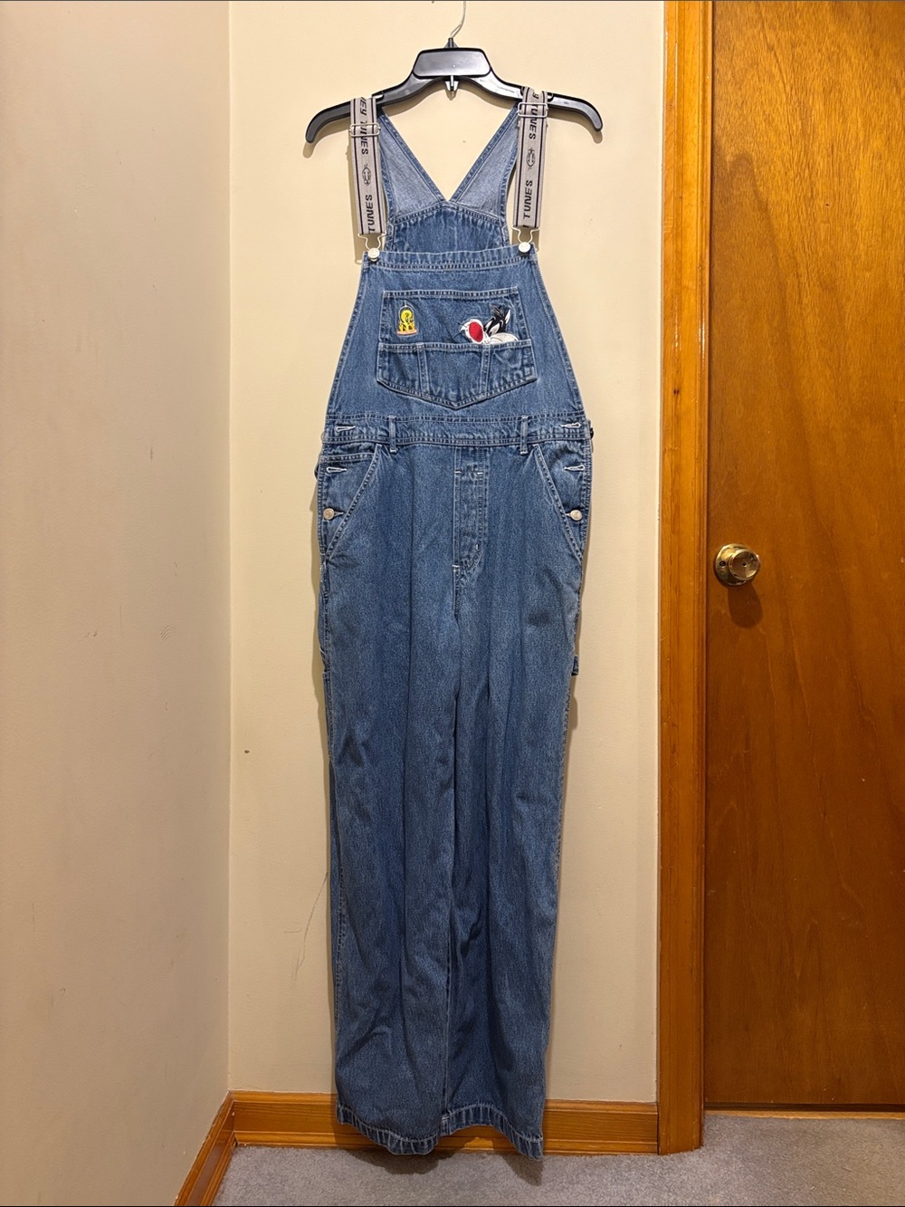 Looney Tunes Vintage Denim Overalls with Graphic Pocket Detail Size Medium